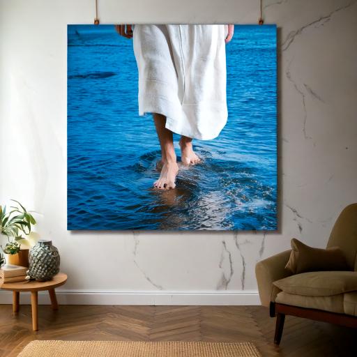 Firefly a canvas hanging on a living room wall of a mans feet facing forward in sandals walking on t (2)